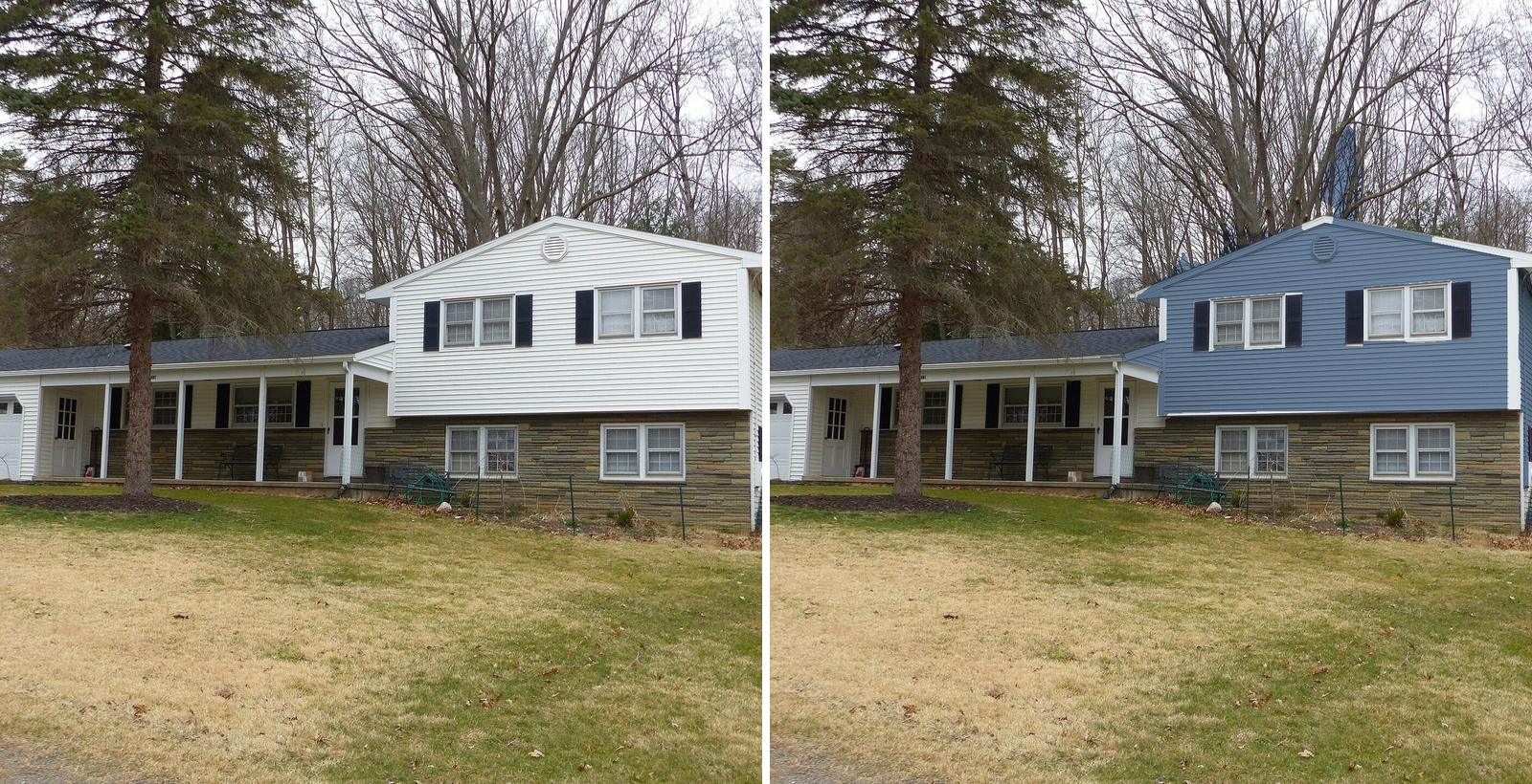 Before and after of the split-level house, side by side.